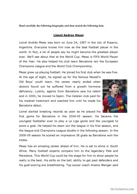 Messi´s Biography Reading For Detai English Esl Worksheets Pdf And Doc