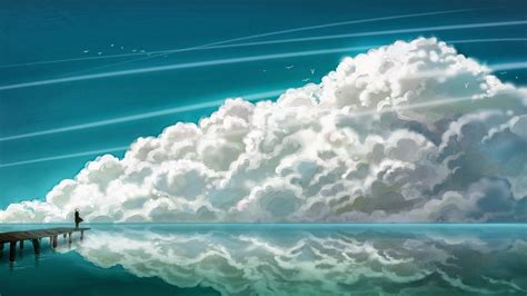 Wallpaper Sunlight Sea Anime Lake Water Reflection Sky Clouds
