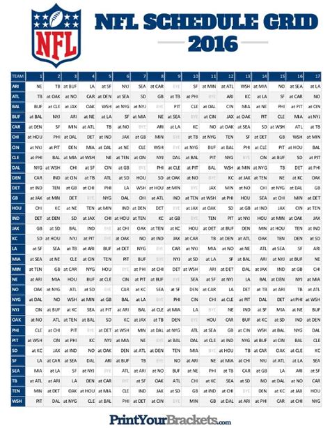 Nfl Full Season Schedule Grid 2016 Printable Nfl Football Schedule