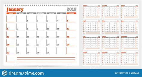 Calendar Planner Template 2019 Week Start From Sunday Stock Vector