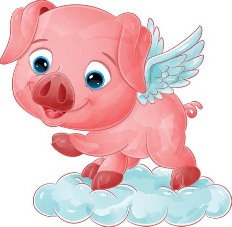 The Angel Pig With The Little Wings Is Flying With The Magic Cloud