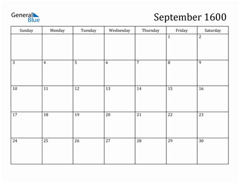 September 1600 Calendars Pdf Word Excel
