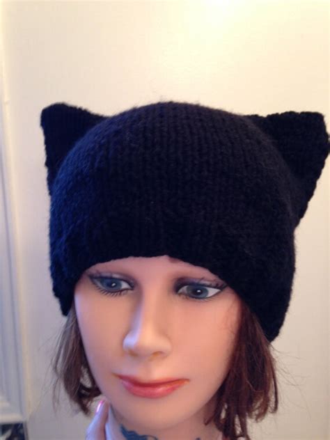 Black Cat Ear Hat Black Cat Ear Beanie Hand Knit Black Cat