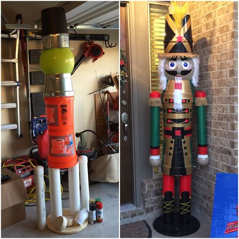 two photos of an inflatable nutcracker and rocket