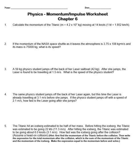 Solved Name Date Physics Momentumimpulse Worksheet