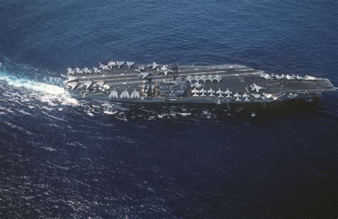 An Overhead View Looking At The Flight Deck Of The Aircraft Carrier Uss