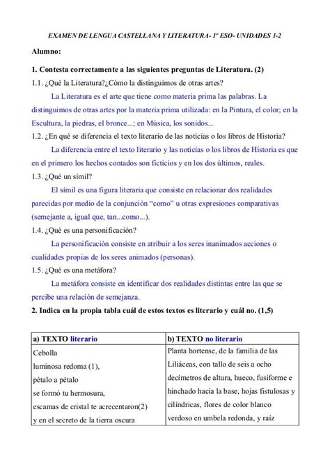 EXAMEN DE LENGUA CASTELLANA Y LITERATURA 1º ESO UNIDADES 1 2 Alumno