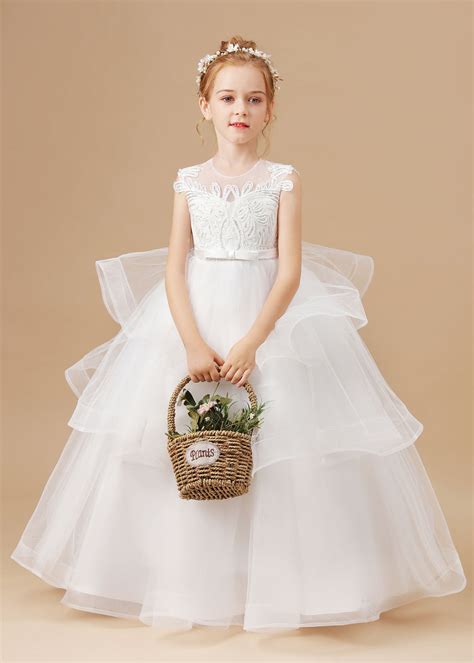 Ivory Multi Layered Tulle Ruffled Satin Flower Girl Dresses With Bow