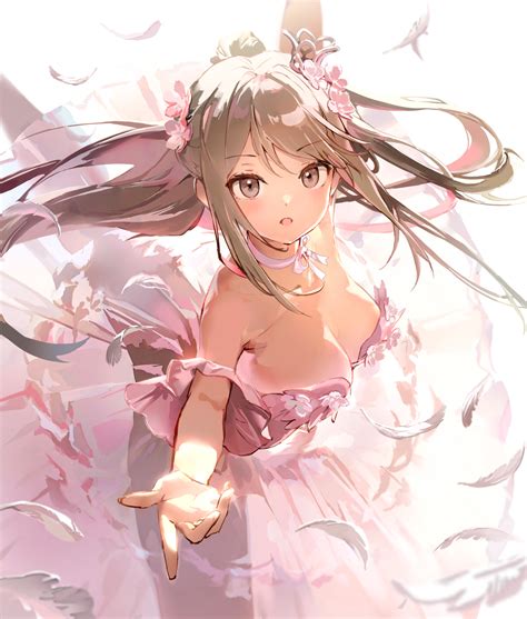 Wallpaper Anime Girls Boobs Cleavage Long Hair Feathers Flower In Hair 1500x1765