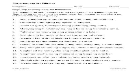 Pagsasanay Sa Filipino Sa Filipino Pangalan Petsa Marka