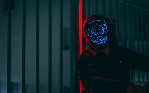Download Wallpaper 3840x2400 Mask Hood Neon Anonymous Glow 4k Ultra