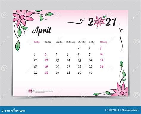 Calendar 2021 Template Pink Flower Concept Creative Design April 2021