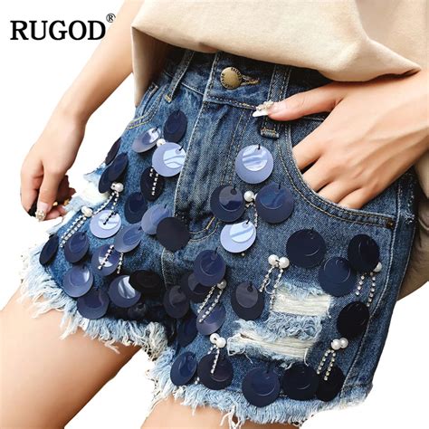 Rugod Fashion Beading Sequins Blue Shorts For Women High Waist Holes Denim Shorts 2018 Summer