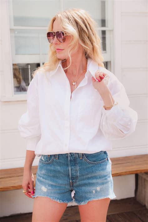 White Open Edit Oversized Button Down Shirt With Denim Shorts On Erin Busbee 1 Busbee