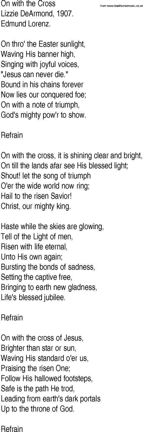 Hymn And Gospel Song Lyrics For On With The Cross By Lizzie Dearmond
