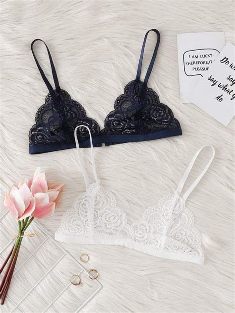 Shein Scalloped Trim Lace Bralette Set 2pcs Bralette Bikini Lace Bralette Bikini Set Hot