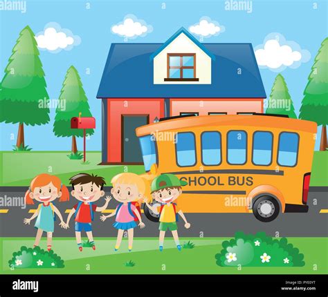 Cuatro Estudiantes Ir A Casa En El Autobús Escolar Ilustración Imagen