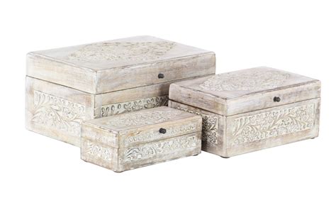 Decmode Set Of 3 Natural Mango Wood Whitewashed Carved Design Boxes