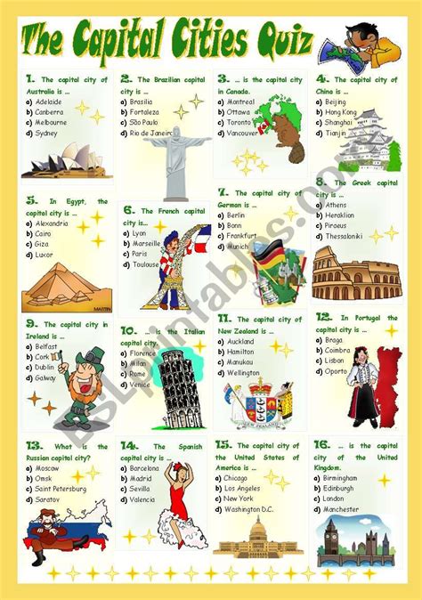 The Capital Cities Quiz Esl Worksheet By Mariaolimpia