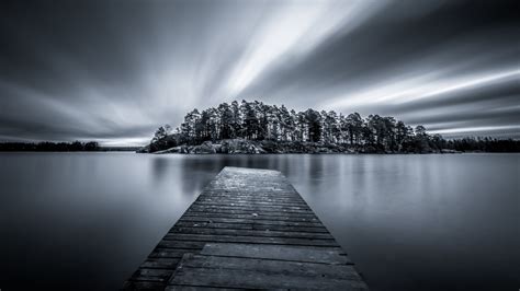 1366x768 Resolution Black And White Image Of Lake Sweden Pier 4k
