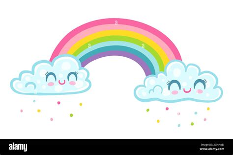 Vector Illustration Of A Rainbow With Clouds In Kawaii Style Clouds