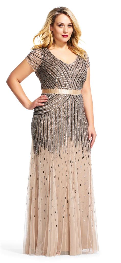 Adrianna Papell Beaded V Neck Gown Plus Size Gowns Plus Size