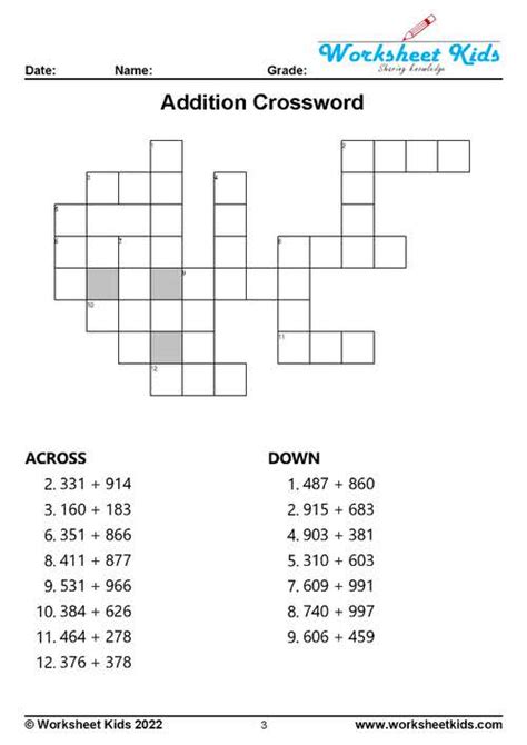 Addition Crossword Puzzle For 1st To 5th Grade Free Printable Pdf