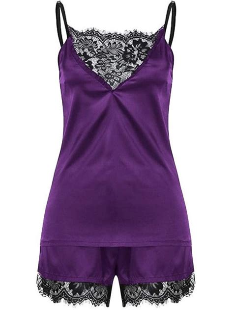 Womens Satin Pajama Cami Set Silky Lace Nightwear 2 Piece Lingerie Short Sleepwear A Purple