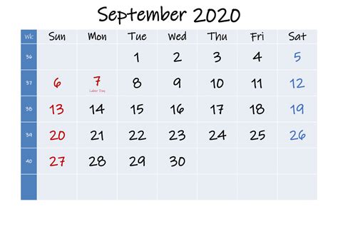 September 2020 Calendar With Festivals And Holidays Printable Blank