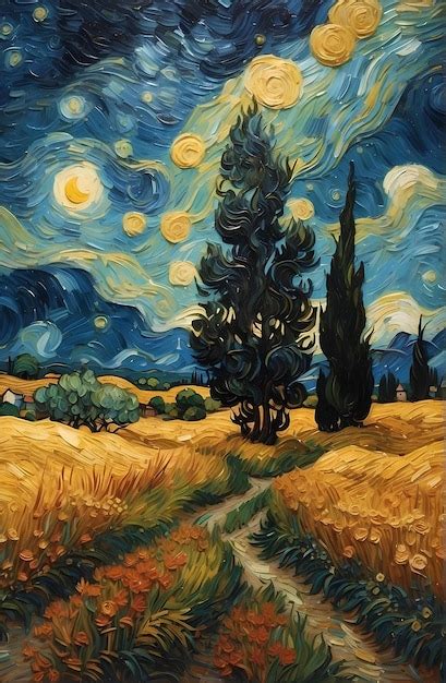 Premium Photo A Wheatfield With Cypress Trees Under The Starry Night