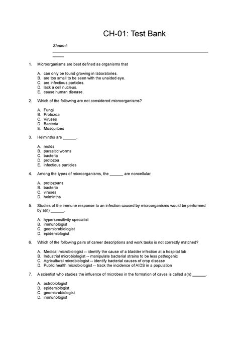 Ch 01 Test Bank Test Practice Questions To Study For Microbiology