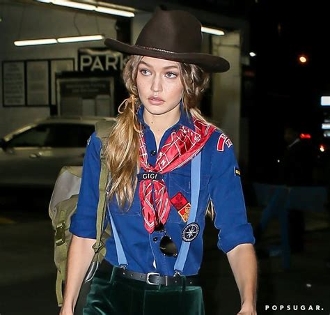 Gigis Blue Shirt For Her Costume Had Patches Gigi Hadid Cub Scout