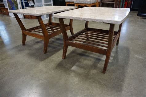 Pair Of Mid Century Mcm Walnut And Marble End Tables Big Valley Auction