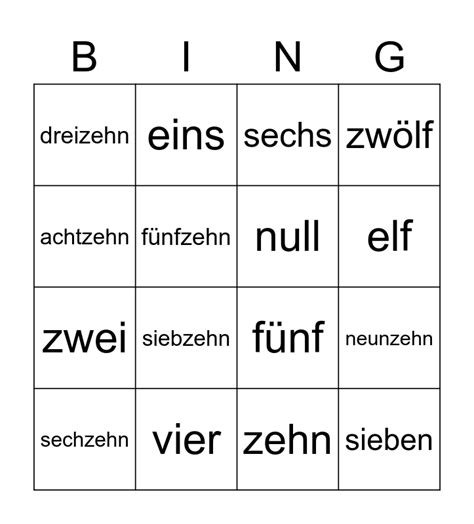 German Numbers 0 20 Bingo Card