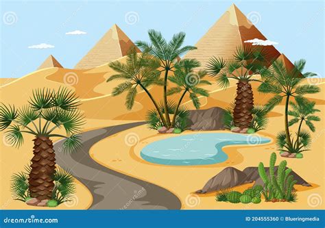Desert Oasis With Palms And Pyramid Nature Landscape Scene Stock Vector