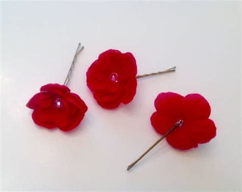 Red Rose Hair Pins Set Of 3 Flower Hair Pins Wedding Hair Etsy
