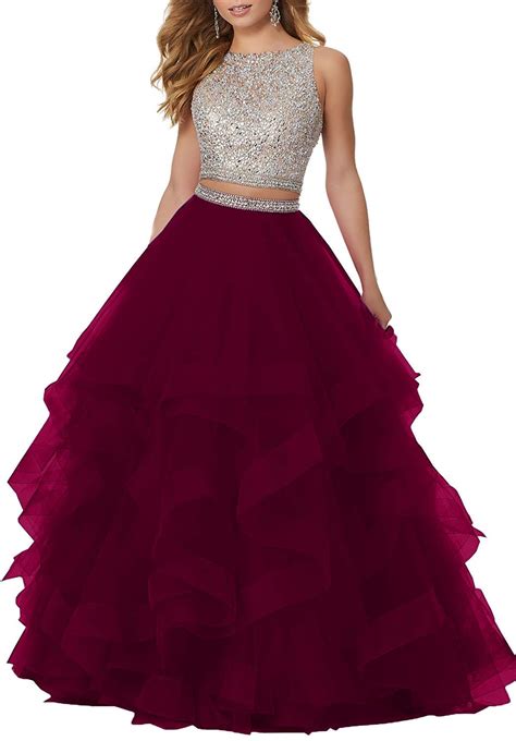 Sexy Two Piece Crystal Beaded Prom Dresses Long Tulle Formal Prom Ball Gowns B Burgundy Us4