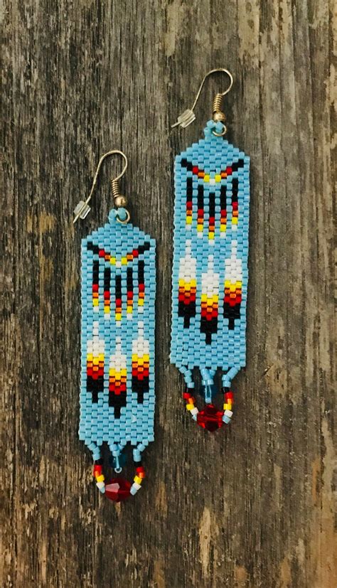 Native American Beaded Earrings Turquoise Feather Peyote Etsy