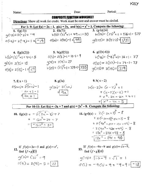 Composite Functions Worksheet With Answers Exercises Algebra Docsity