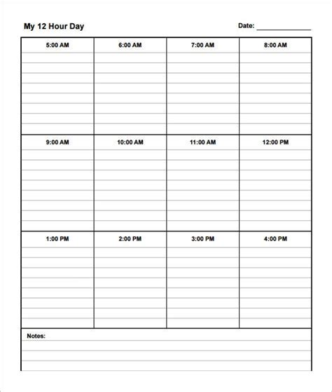 Printable 12 Hour Schedule Template