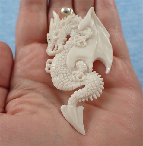 1 Piece Bright White Dragon Bone Pendant Large Carved Dragon Etsy