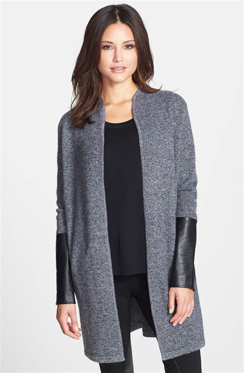 Nordstrom Collection Leather Sleeve Long Cashmere Cardigan In Gray