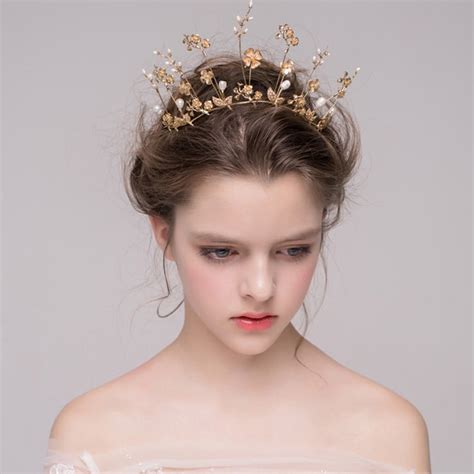 Baroque Gold Bridal Crown Wedding Tiara Bridal Hair Accessories Golden Flower Pearl Bridal Hair