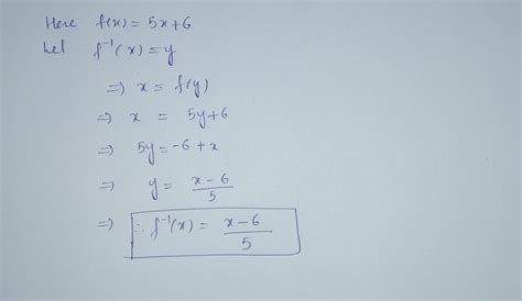 [Solved] What is the inverse function of f(x)= 5x + 6 | Course Hero