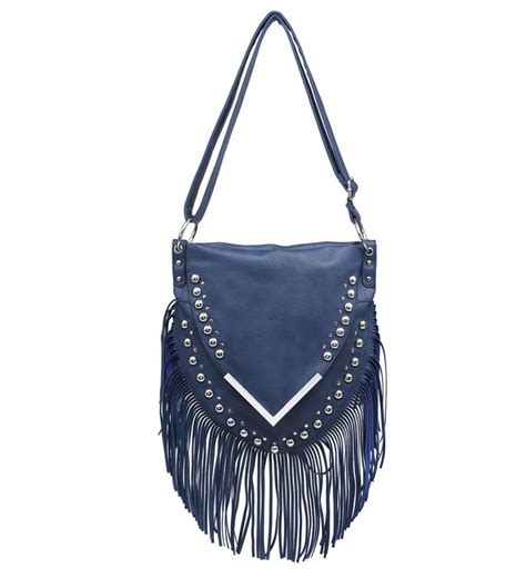 Womens New Studded Faux Leather Fringe Tassels V Trim Shoulder Bag Handbag
