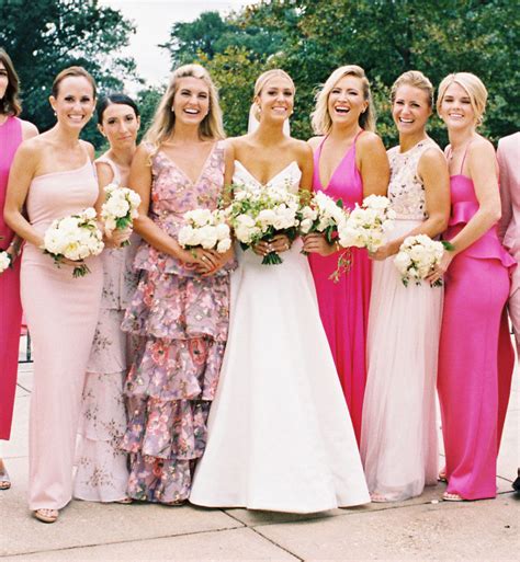 These Sparkly Floral And Hot Pink Bridesmaids Dresses Take Mix And Match Gowns To The Next Level