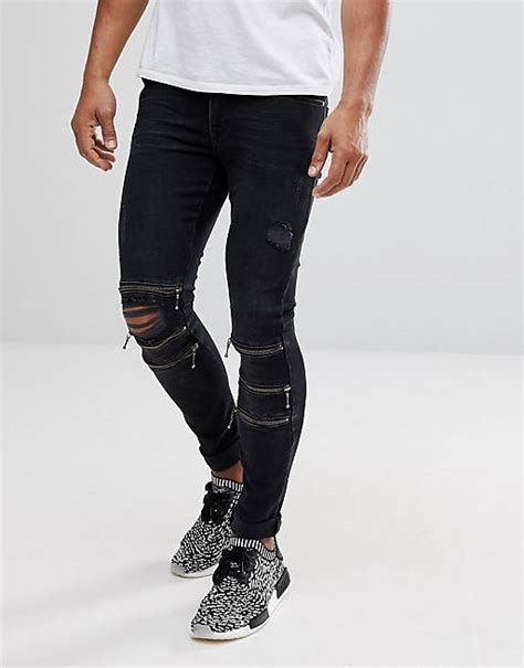 Asos Extreme Super Skinny Jeans In Washed Black With Knee Zips And Rips