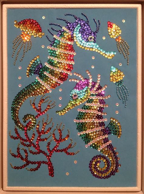 Sequin Art Sea Horses With Beads Bead Art Dot Art Painting Button