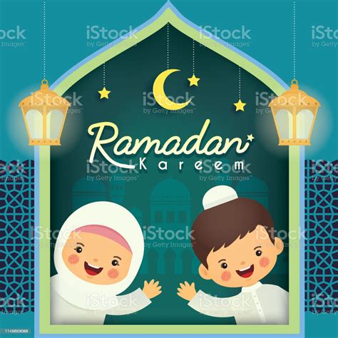 ramadan kareem greeting card cartoon muslim kids with famous lihat
