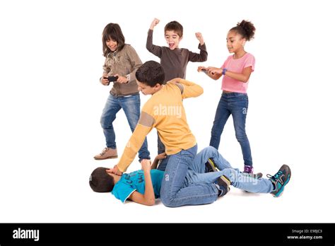 Boys Fighting With Other Kids Cheering And Filming Stock Photo Alamy